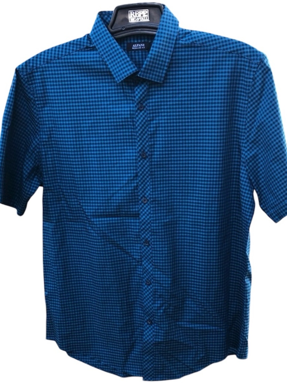 Alfani Mens L Blue Check Short Sleeve Button Up Shirt Cotton Work Casual Summer